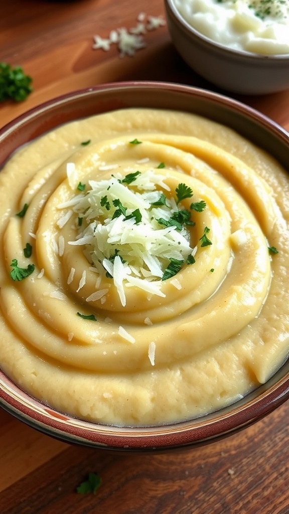 Creamy polenta with Parmesan cheese in a rustic bowl, garnished with parsley on a wooden table.